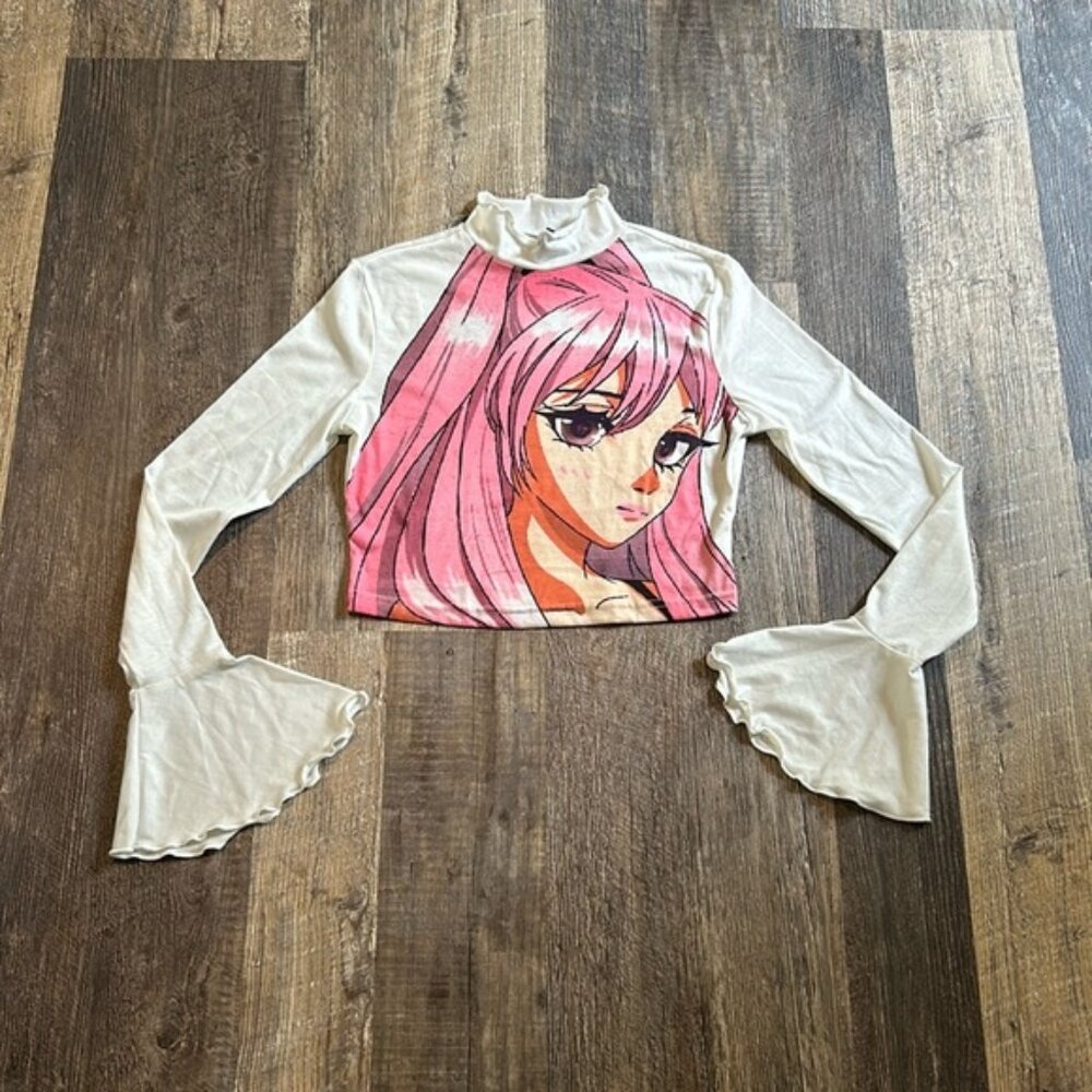 Shein Anime Girl Long Ruffle Sleeve Crop Top Shirt Women’s White Size Medium